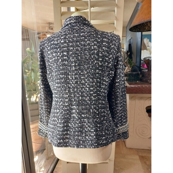 Joan Rivers Gray Black Tweed Blazer Sequin Pearl Detail Trim on sleeve Size 12 - Picture 7 of 9